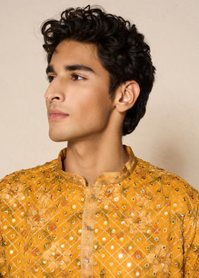 Manyavar Men Sunset Glory Mustard Kurta Patiala