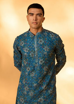 Manyavar Men Radiant Teal Blue Kurta Patiala