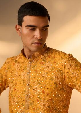 Manyavar Men Sunset Glory Mustard Kurta Patiala