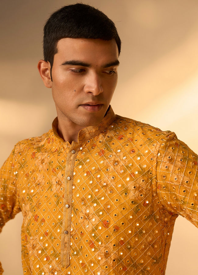 Manyavar Men Sunset Glory Mustard Kurta Patiala