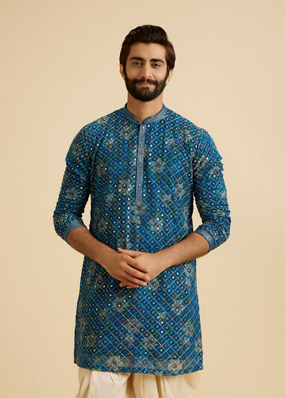 Manyavar Men Radiant Teal Blue Kurta Pajama