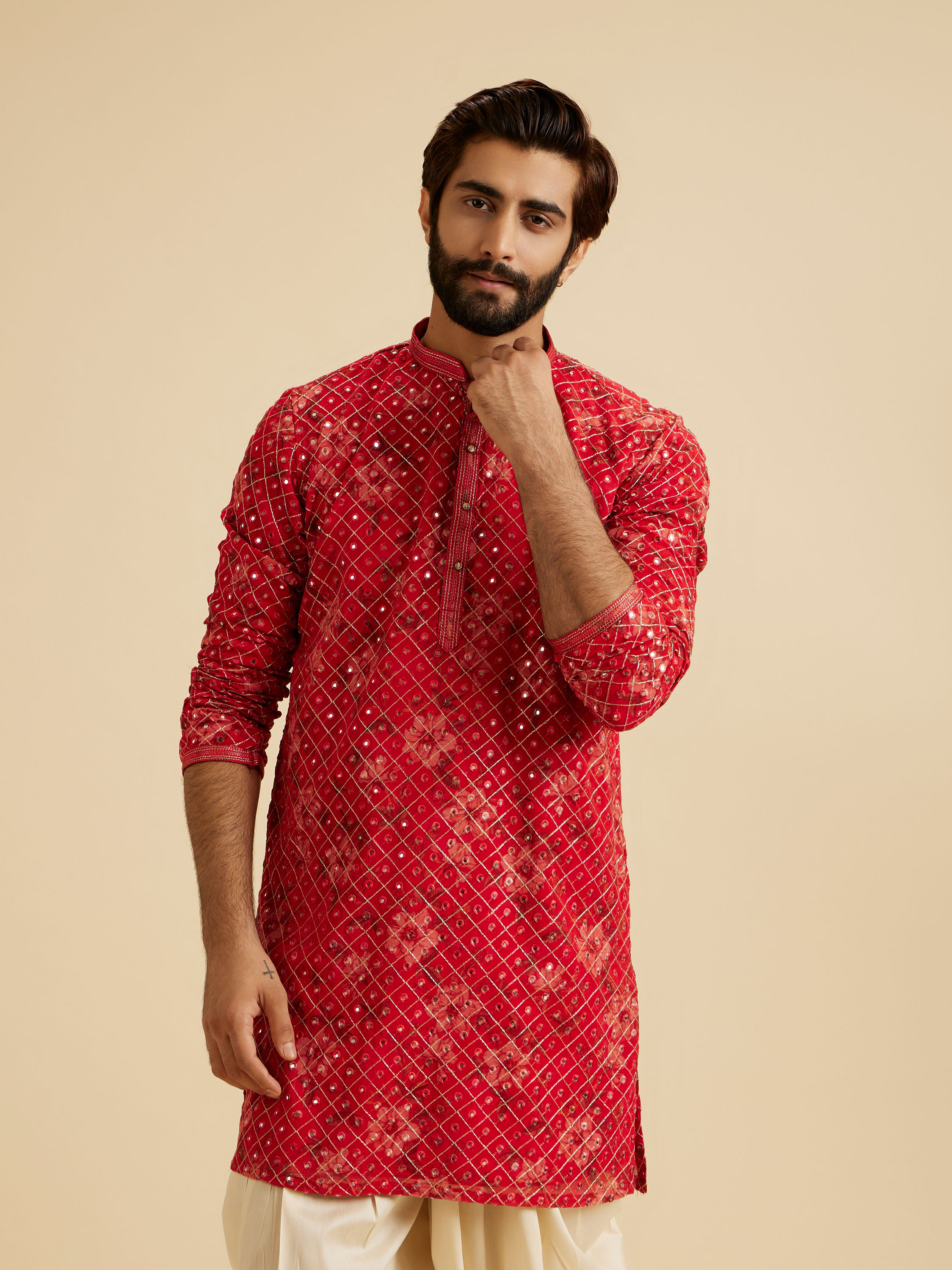 Manyavar Men Regal Red Kurta Pajama Set