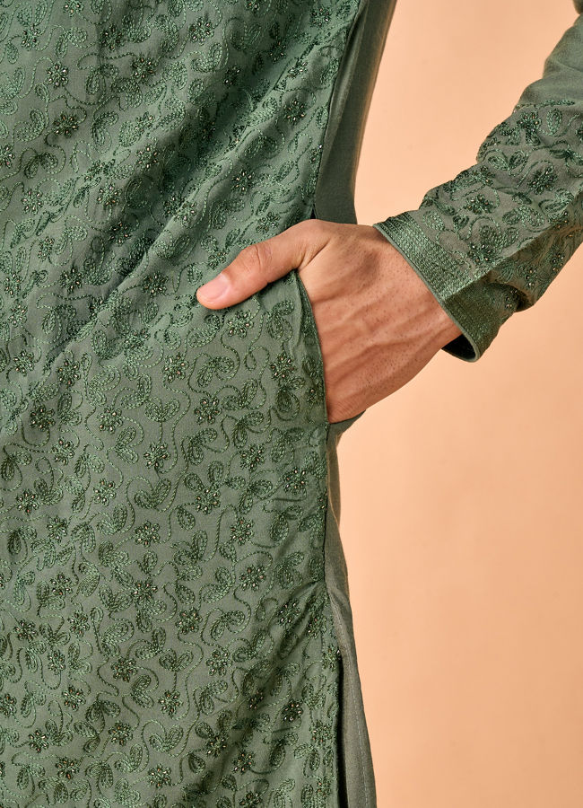Manyavar Men Olive Green Elegance Kurta Pajama