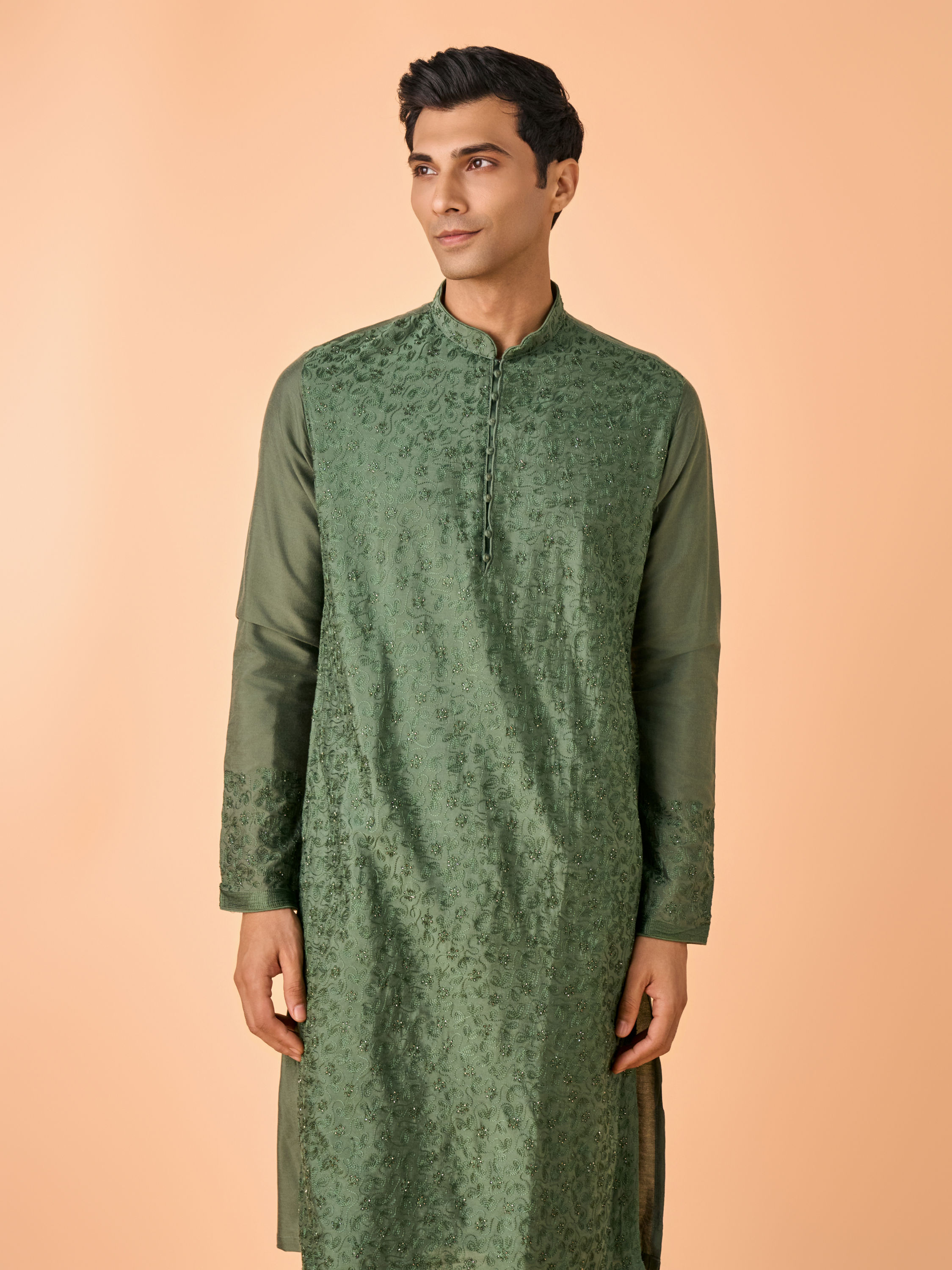 Manyavar Men Olive Green Elegance Kurta Pajama