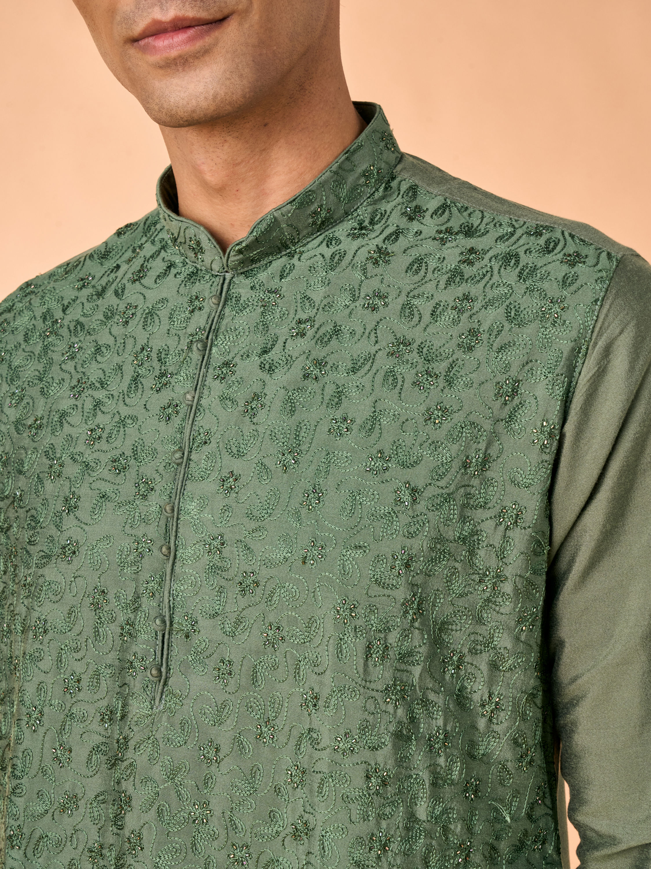 Manyavar Men Olive Green Elegance Kurta Pajama