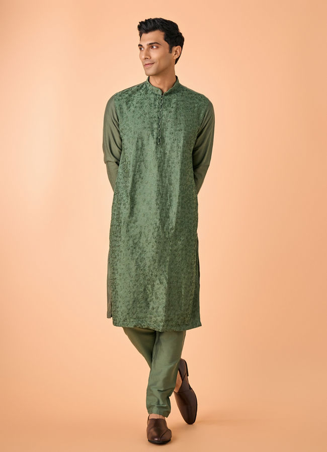 Manyavar Men Olive Green Elegance Kurta Pajama