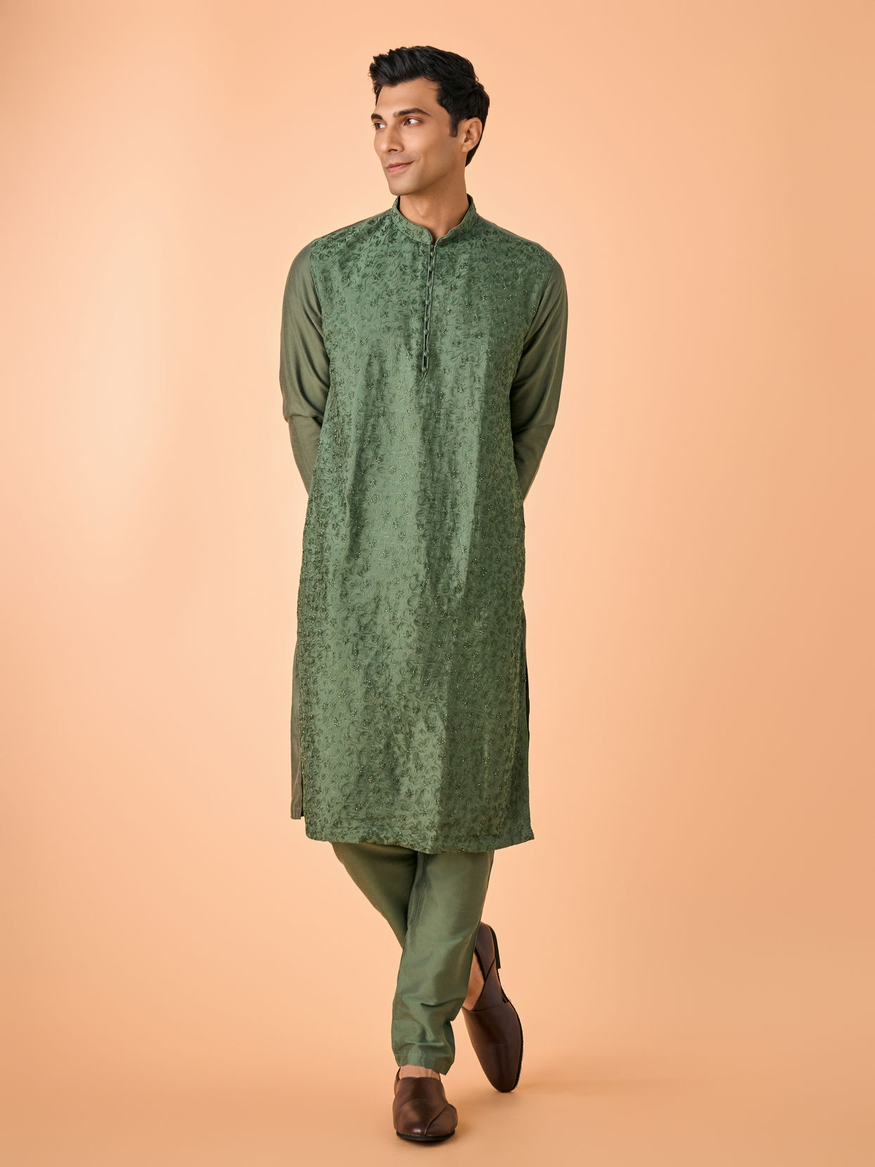 Manyavar Men Olive Green Elegance Kurta Pajama