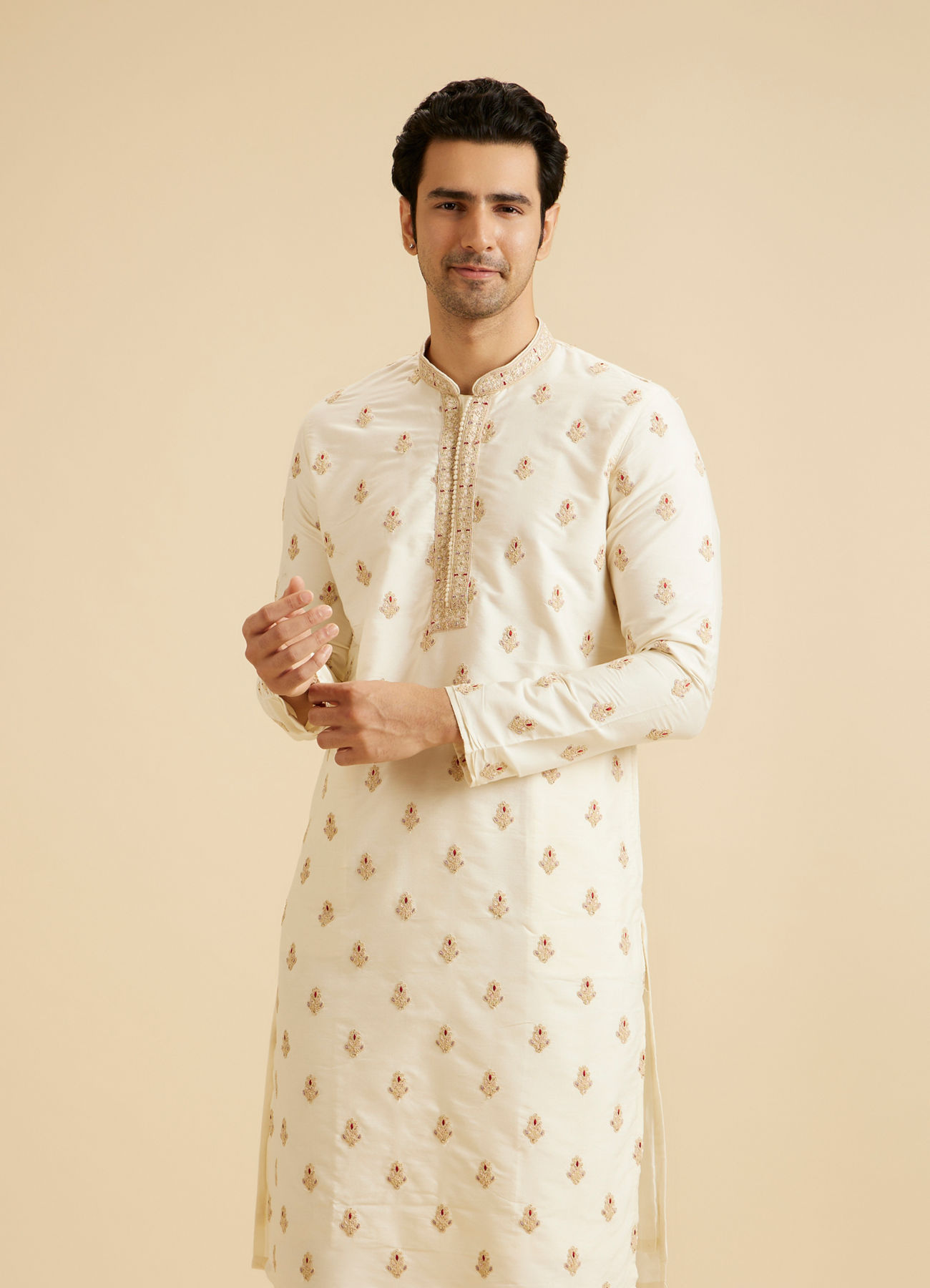 Manyavar Men Warm White Elegance Kurta Pajama
