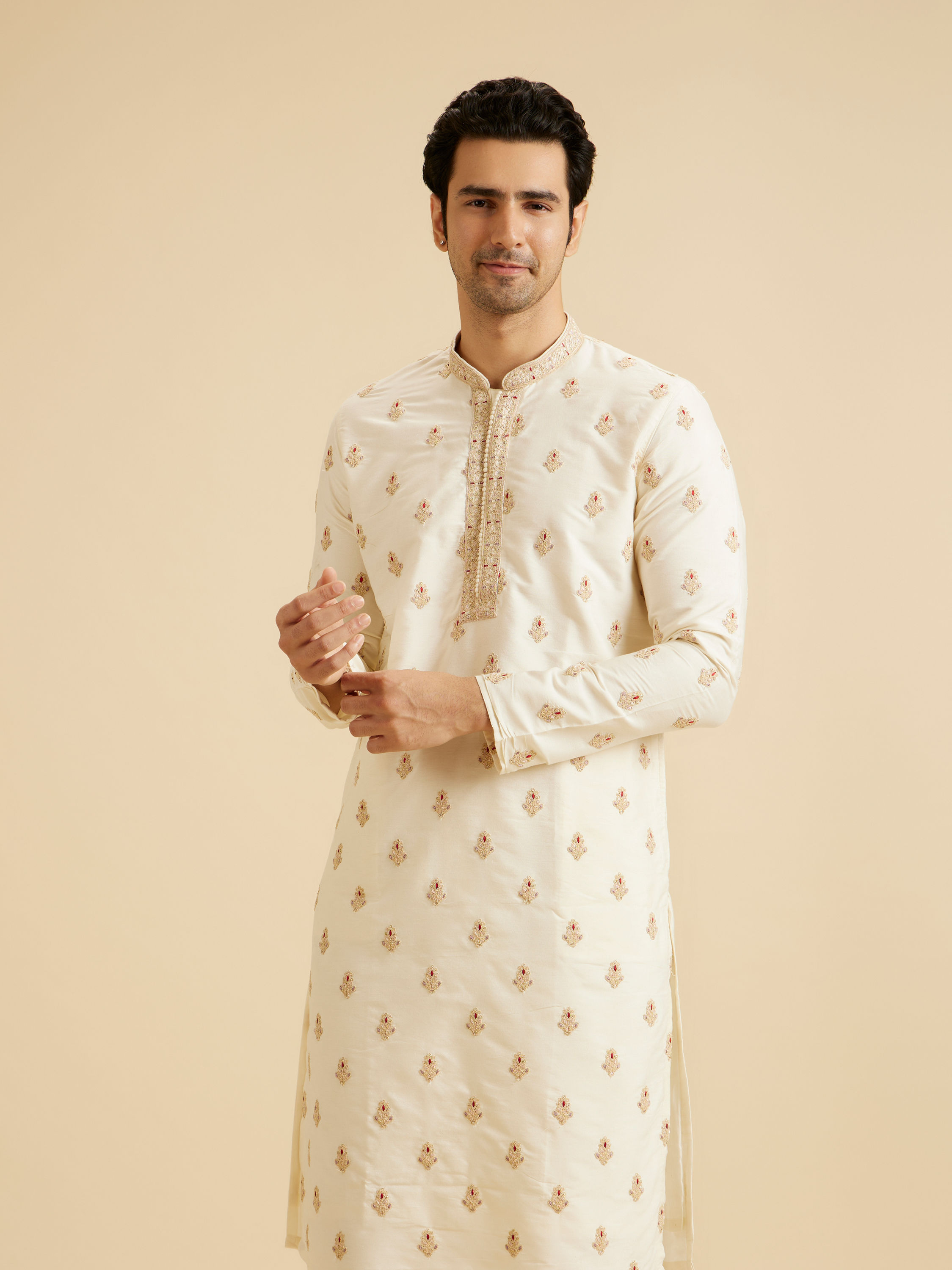 Manyavar Men Warm White Elegance Kurta Pajama