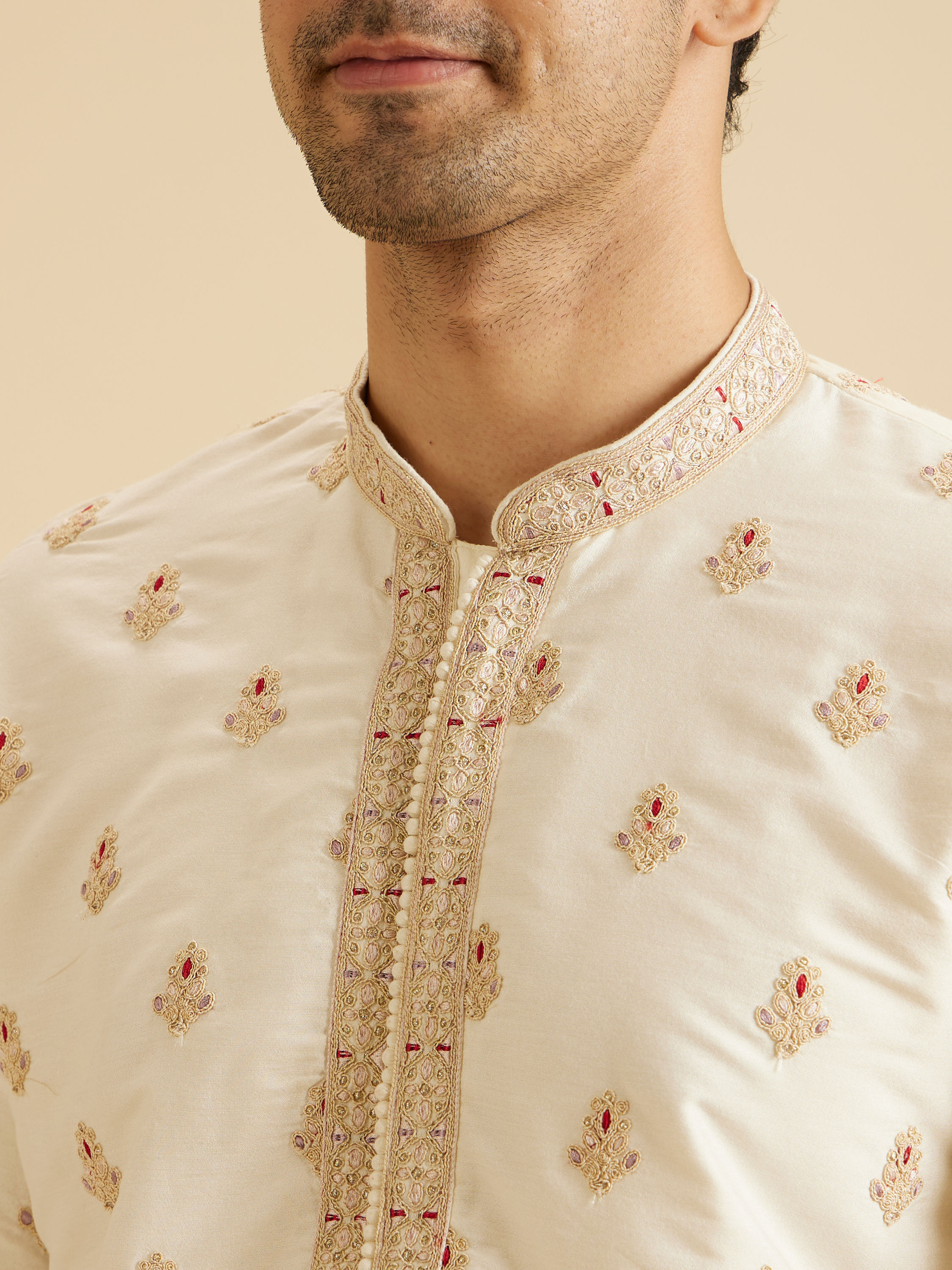 Manyavar Men Warm White Elegance Kurta Pajama