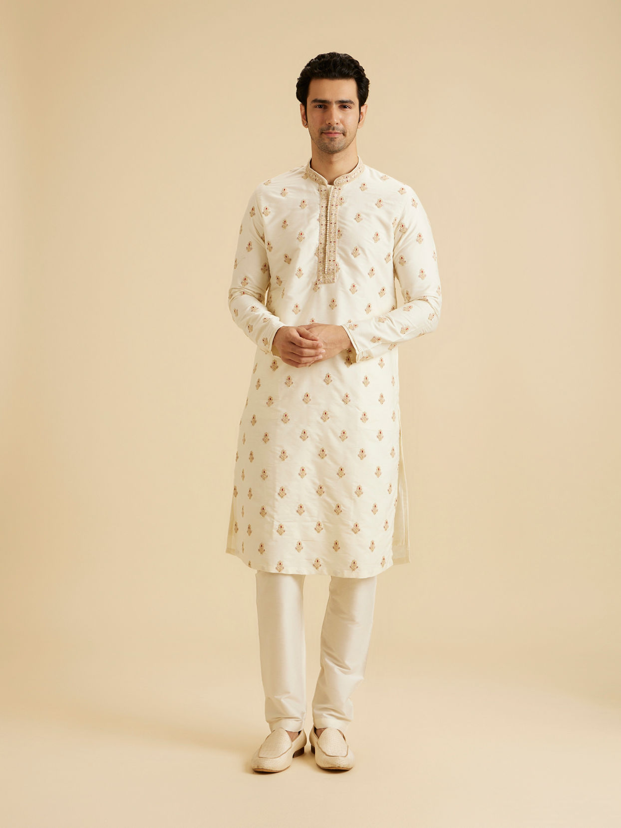 Manyavar Men Warm White Elegance Kurta Pajama