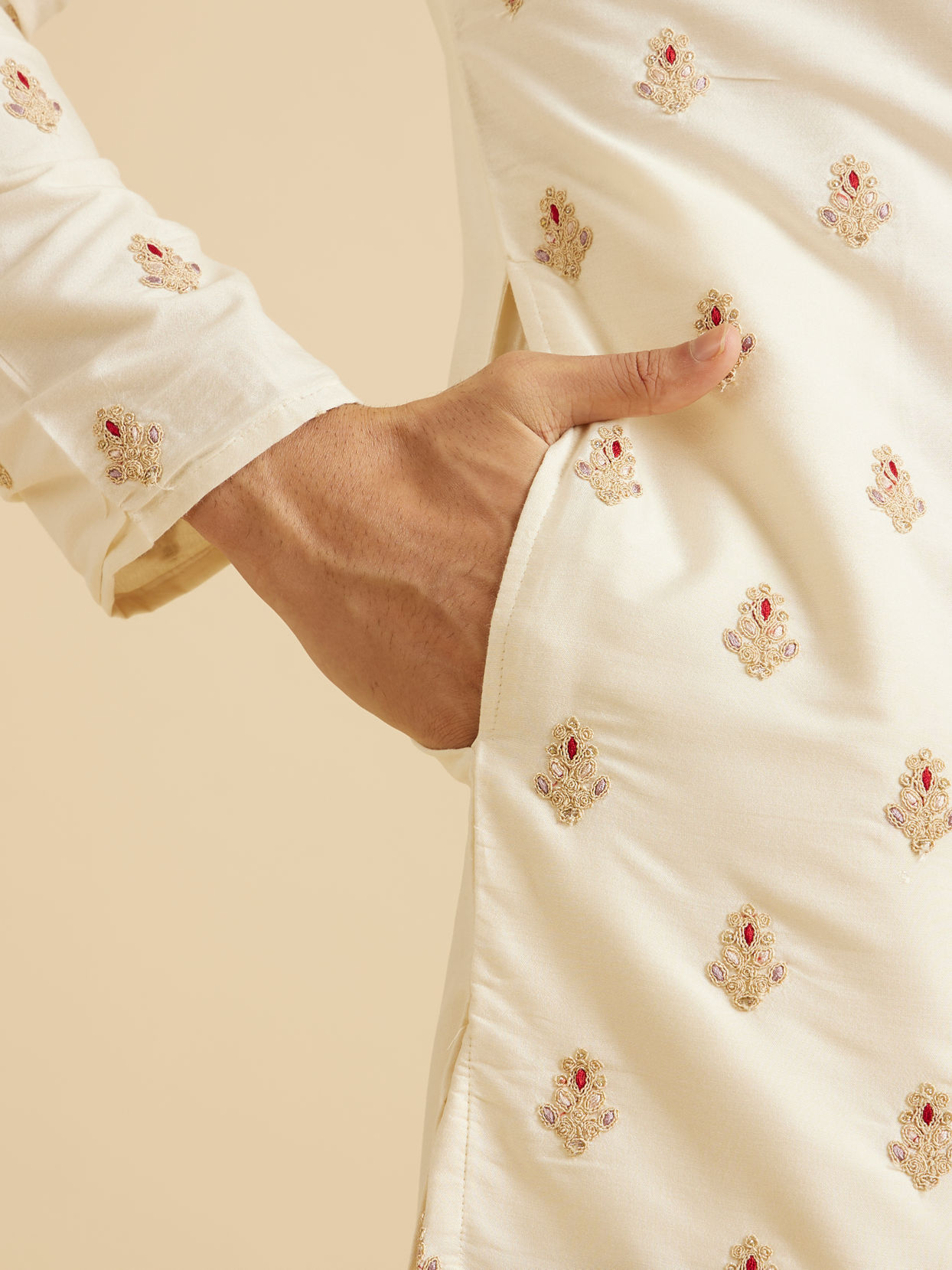 Manyavar Men Warm White Elegance Kurta Pajama