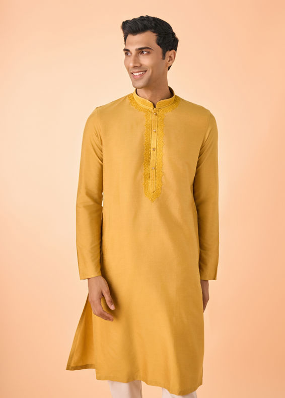 Manyavar Men Garnished Mustard Kurta Pajama