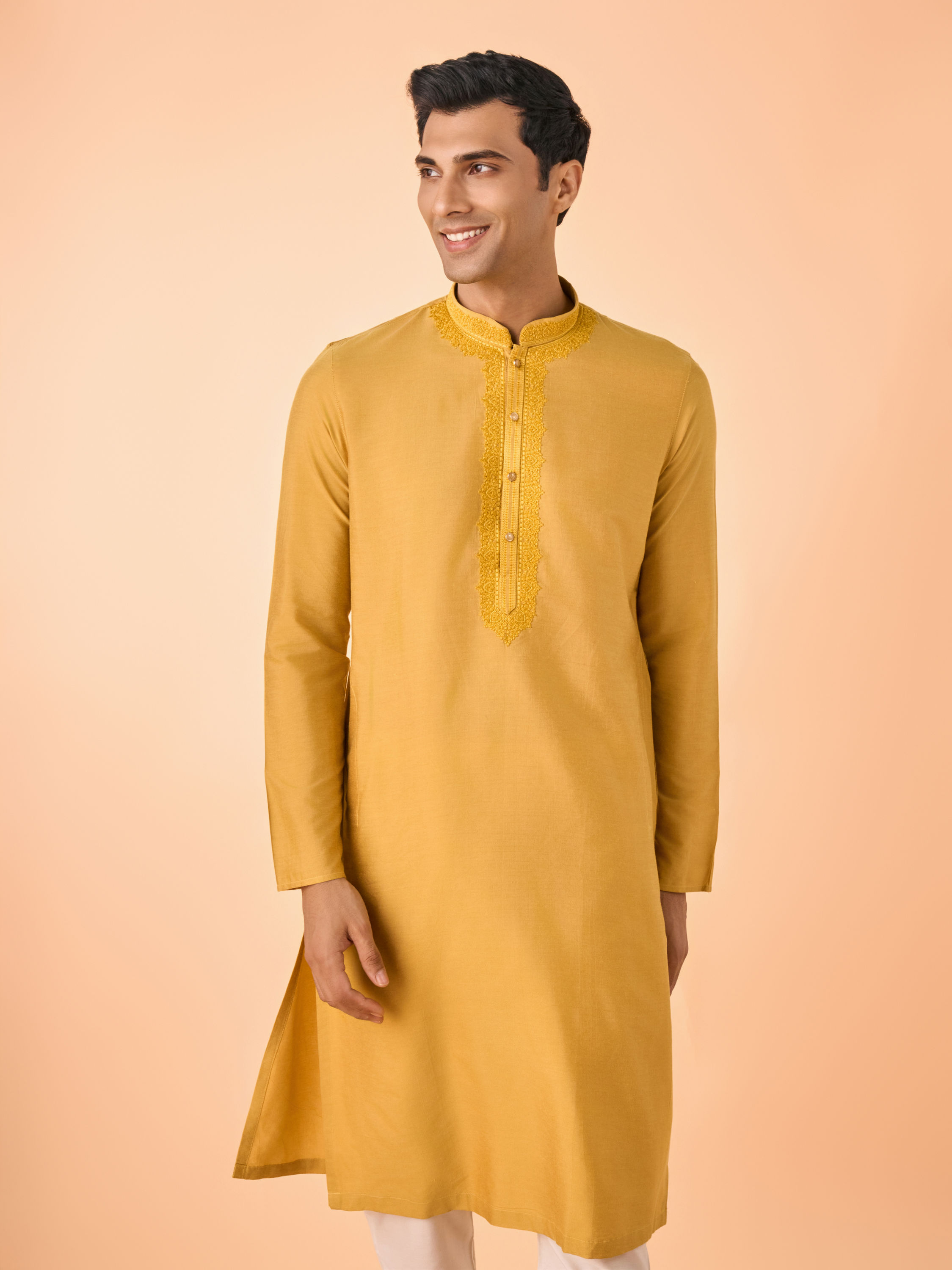 Manyavar Men Garnished Mustard Kurta Pajama