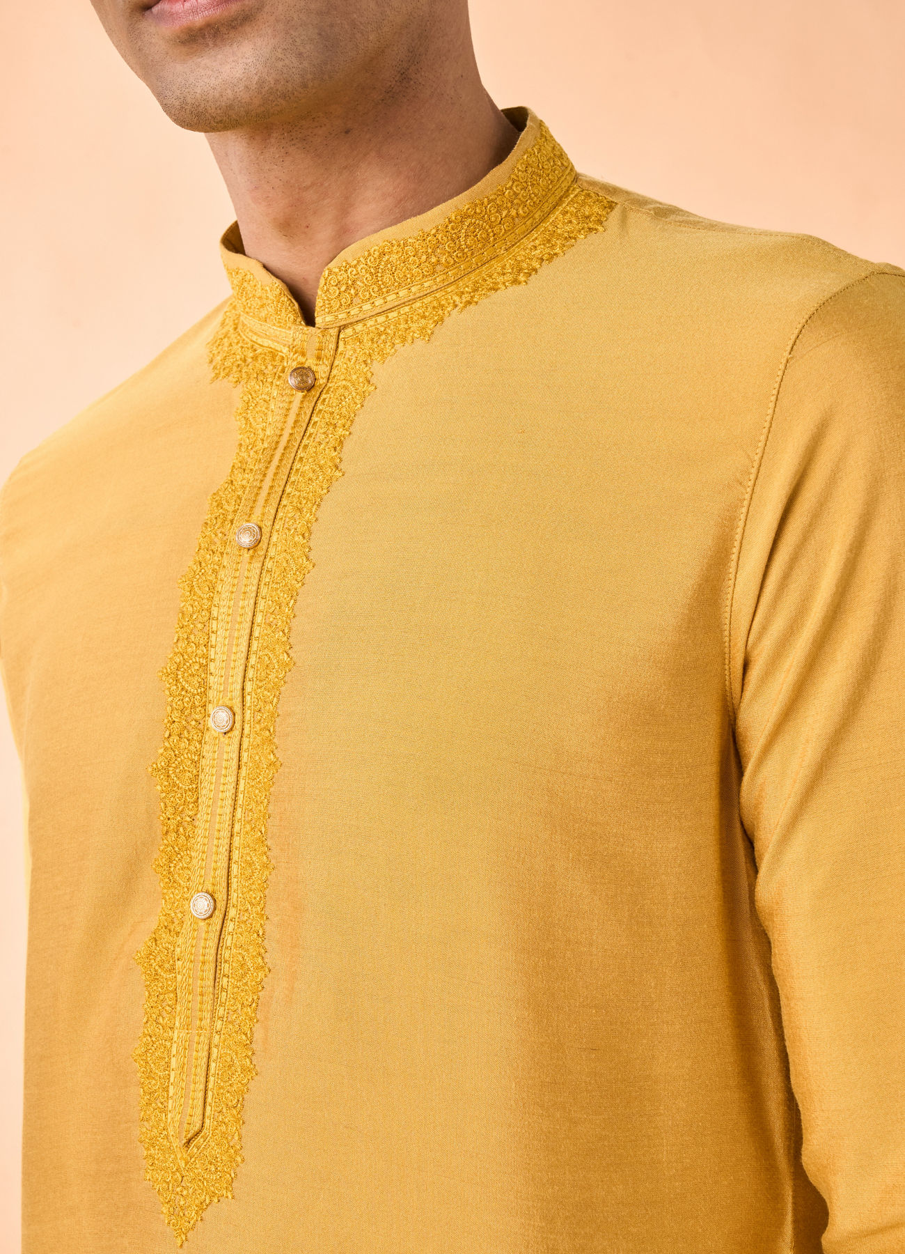 Manyavar Men Garnished Mustard Kurta Pajama