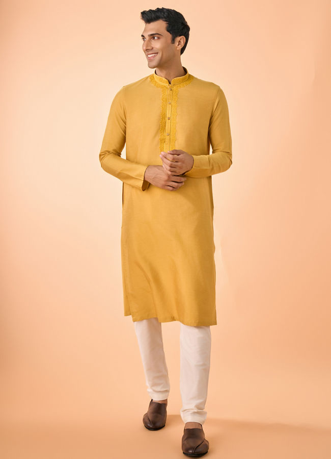 Manyavar Men Garnished Mustard Kurta Pajama