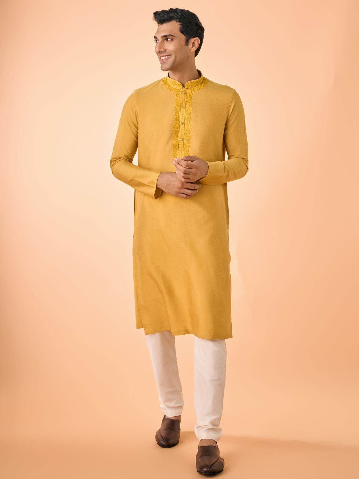 Manyavar Men Garnished Mustard Kurta Pajama