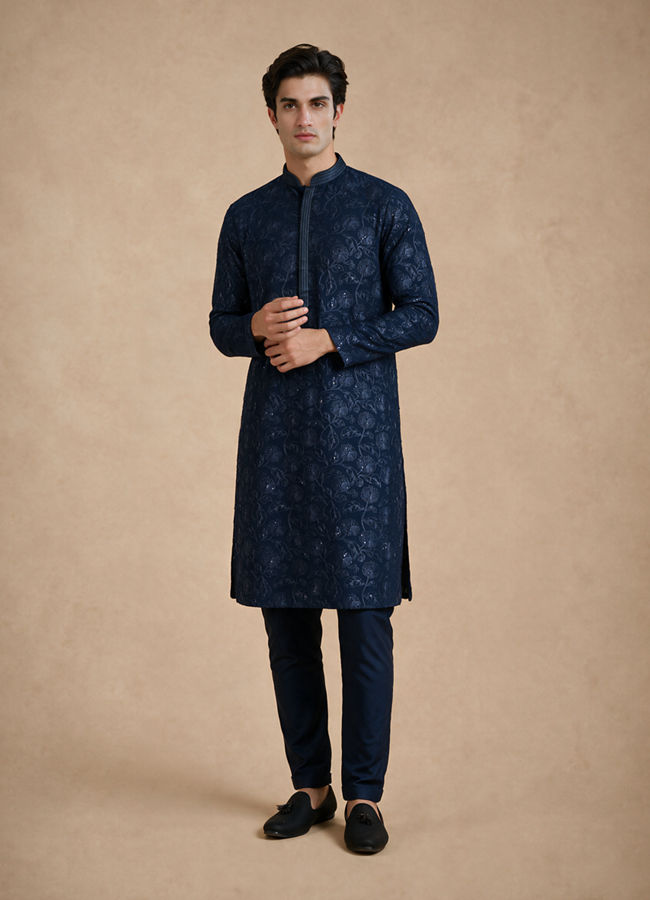 Manyavar Men Blue Georgette Kurta Pajama Set with Thread Embroidery & Sequin Work
