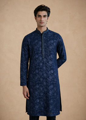 Manyavar Men Blue Georgette Kurta Pajama Set with Thread Embroidery & Sequin Work