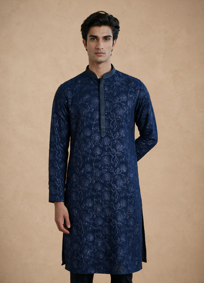 Manyavar Men Blue Georgette Kurta Pajama Set with Thread Embroidery & Sequin Work