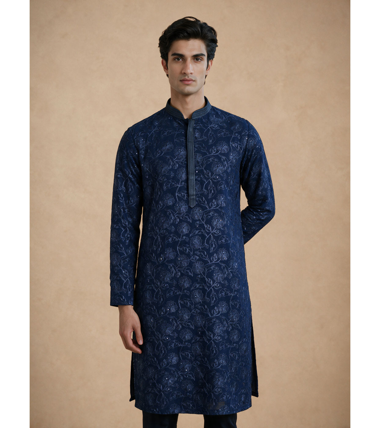 Manyavar Men Blue Georgette Kurta Pajama Set with Thread Embroidery & Sequin Work