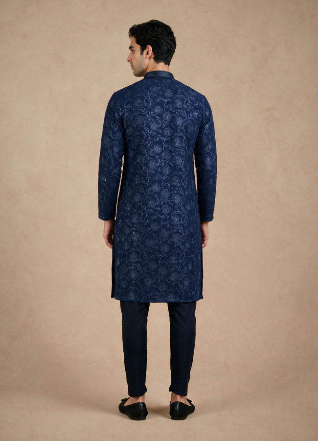 Manyavar Men Blue Georgette Kurta Pajama Set with Thread Embroidery & Sequin Work