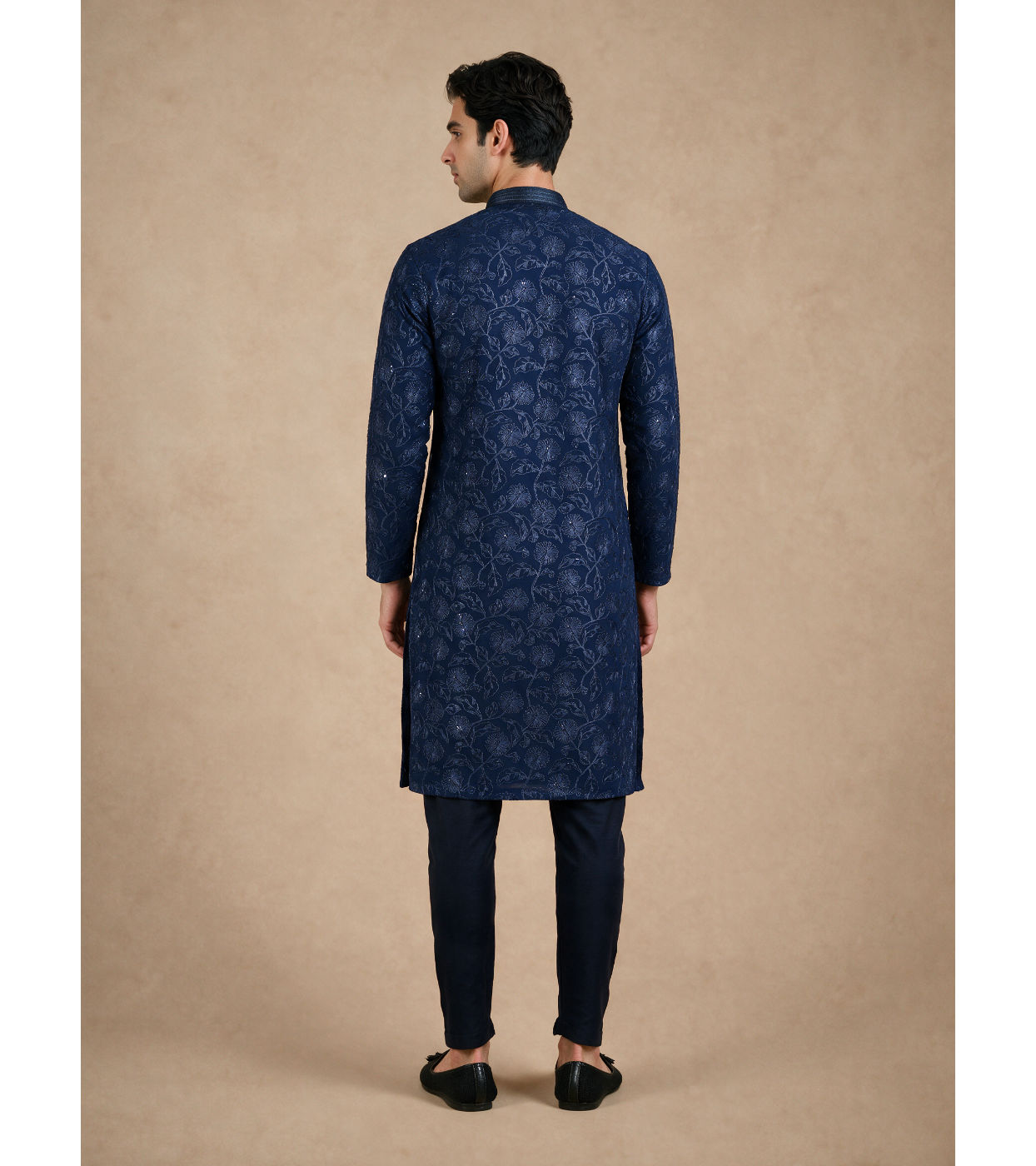 Manyavar Men Blue Georgette Kurta Pajama Set with Thread Embroidery & Sequin Work