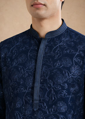 Manyavar Men Blue Georgette Kurta Pajama Set with Thread Embroidery & Sequin Work