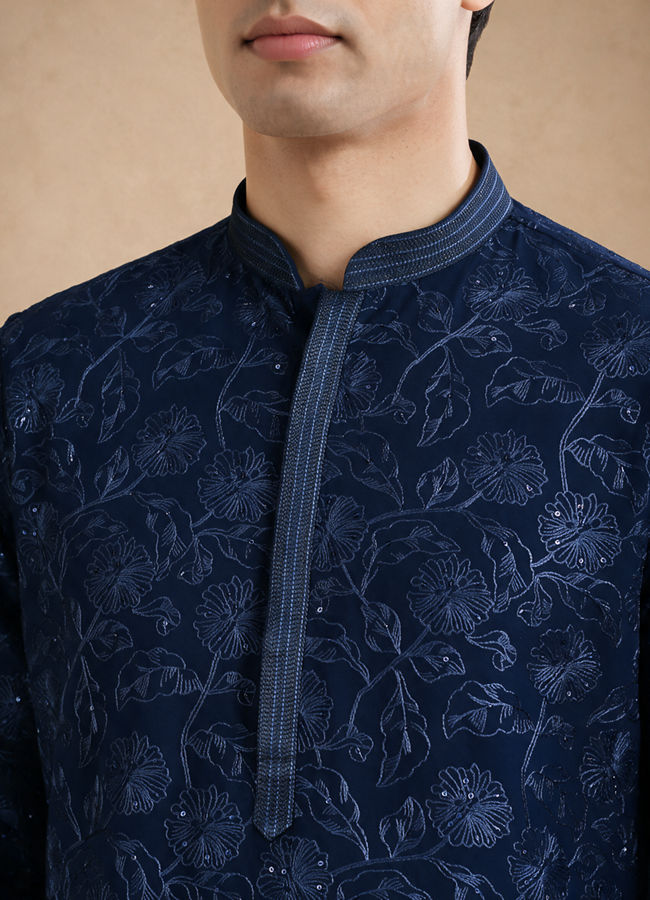 Manyavar Men Blue Georgette Kurta Pajama Set with Thread Embroidery & Sequin Work
