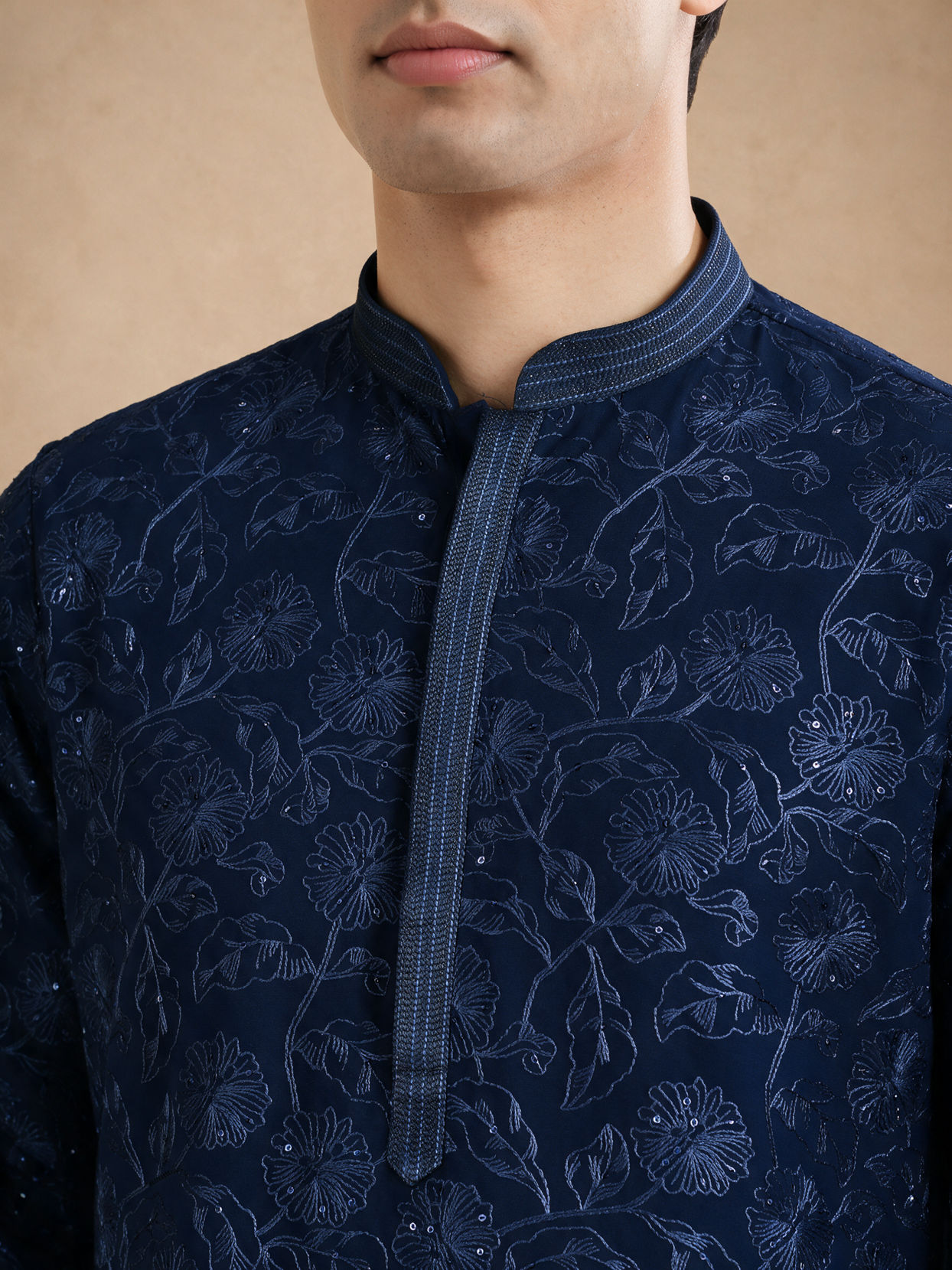 Manyavar Men Blue Georgette Kurta Pajama Set with Thread Embroidery & Sequin Work