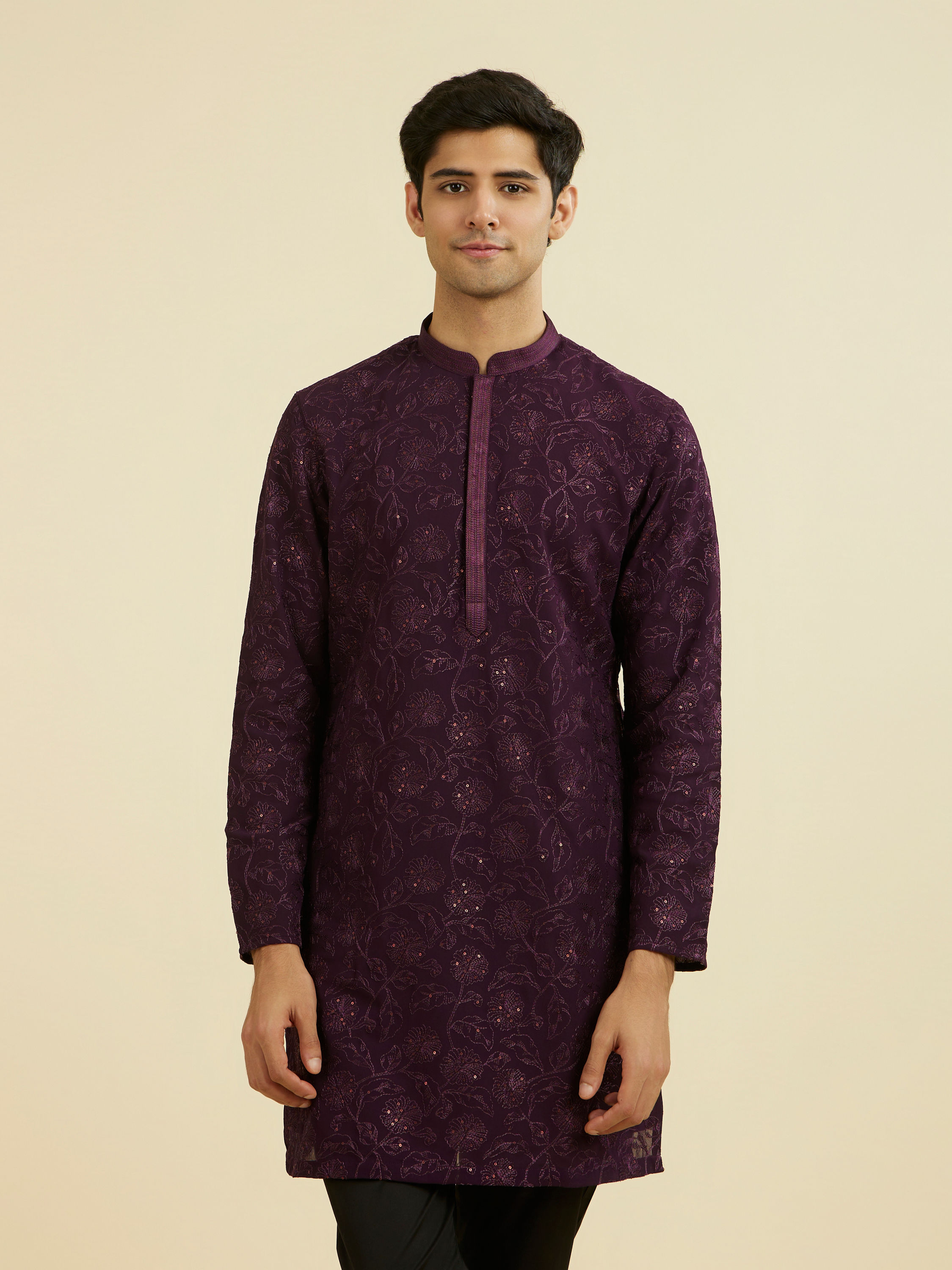Manyavar Men Regal Purple Georgette Ensemble Kurta Pant
