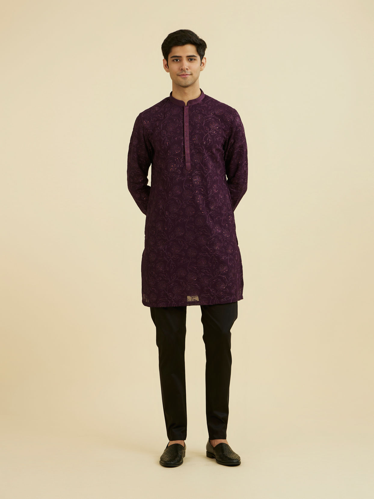 Manyavar Men Regal Purple Georgette Ensemble Kurta Pant