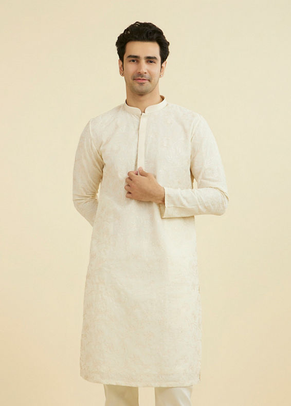 Manyavar Men Cream Georgette Ensemble Kurta Pajama