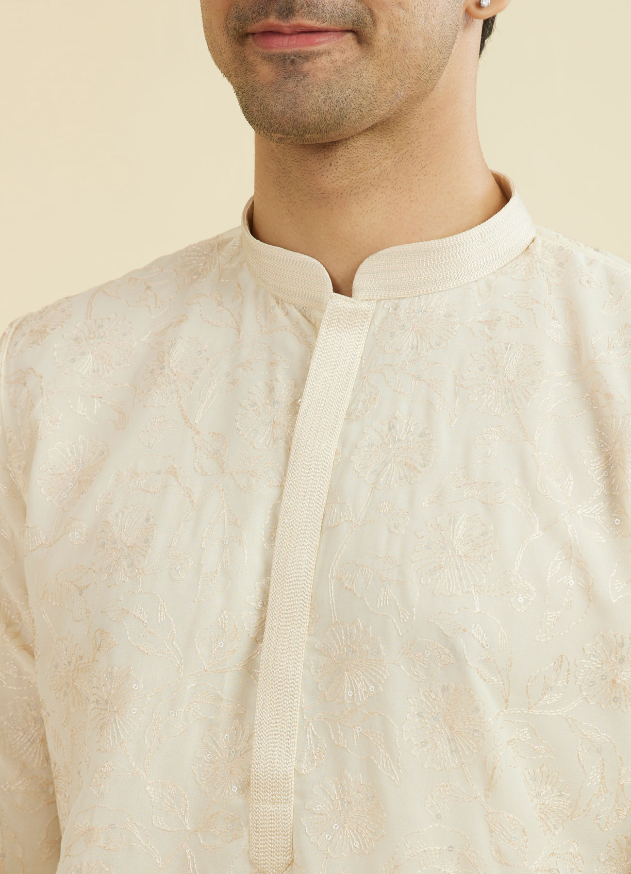 Manyavar Men Cream Georgette Ensemble Kurta Pajama