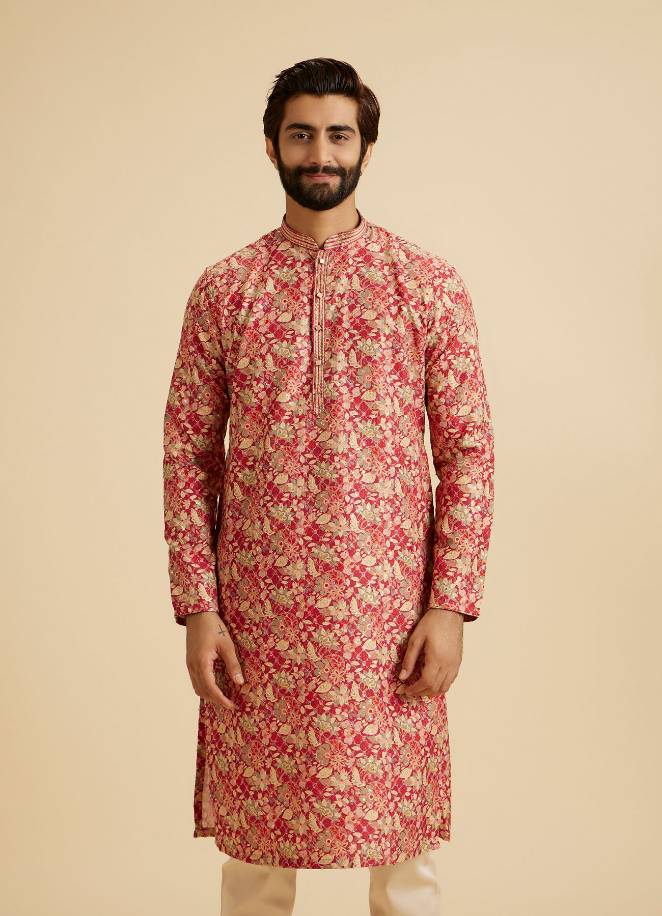 Manyavar Men Radiant Coral Ensemble Kurta Pajama