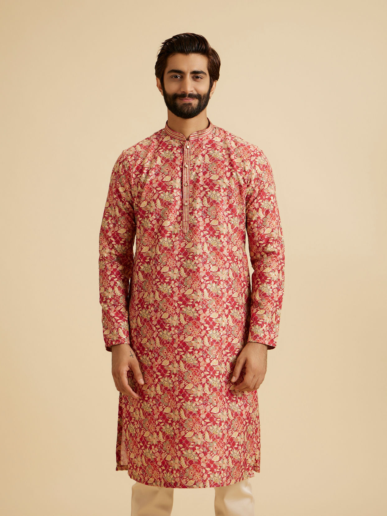 Manyavar Men Radiant Coral Ensemble Kurta Pajama