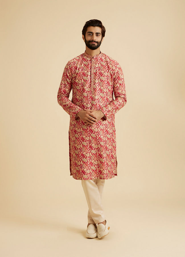 Manyavar Men Radiant Coral Ensemble Kurta Pajama