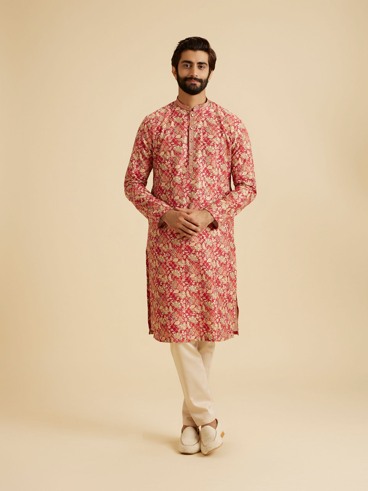 Manyavar Men Radiant Coral Ensemble Kurta Pajama