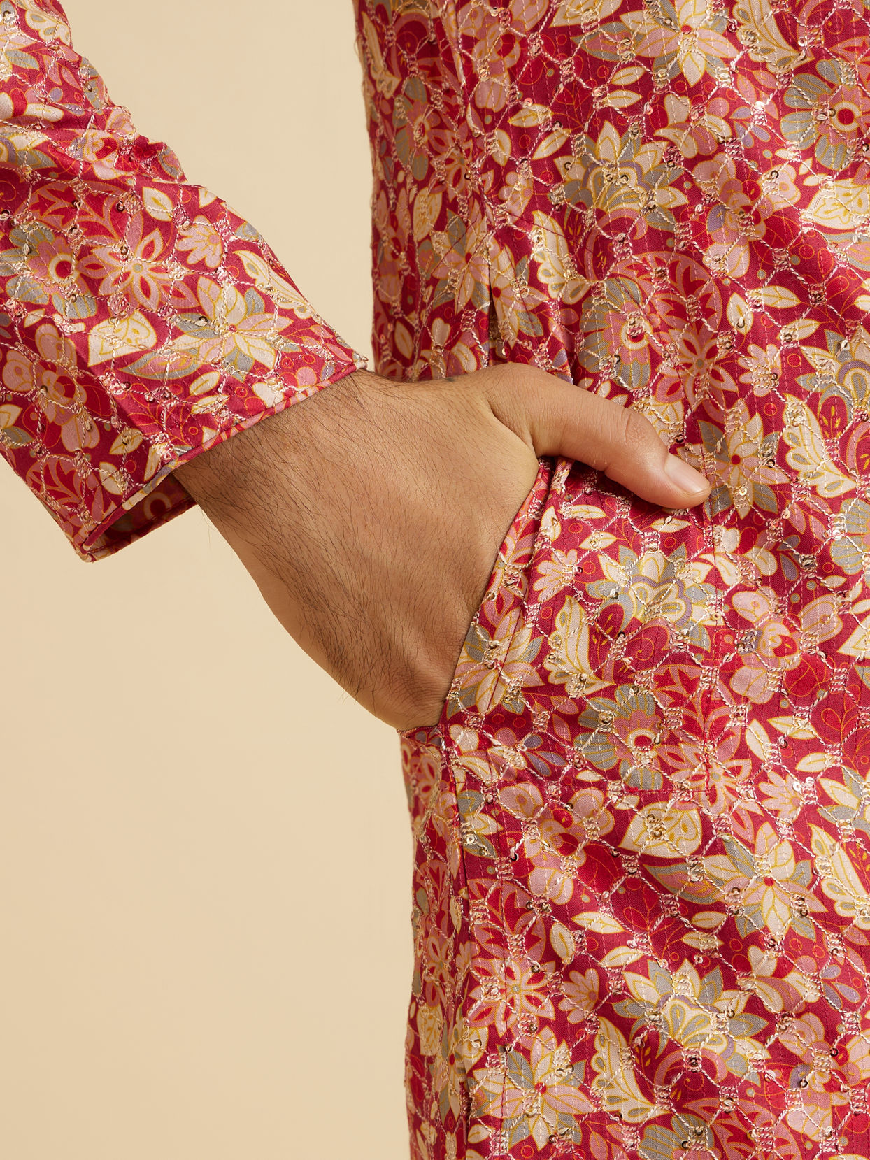 Manyavar Men Radiant Coral Ensemble Kurta Pajama