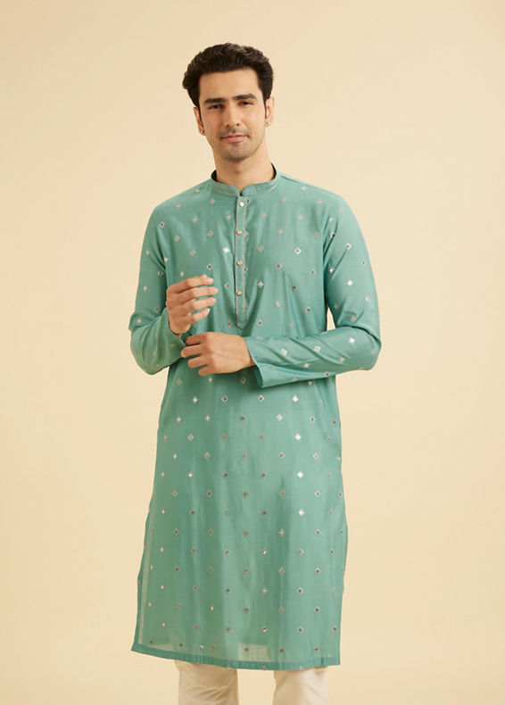 Manyavar Men Plush Aqua Green Kurta Pajama