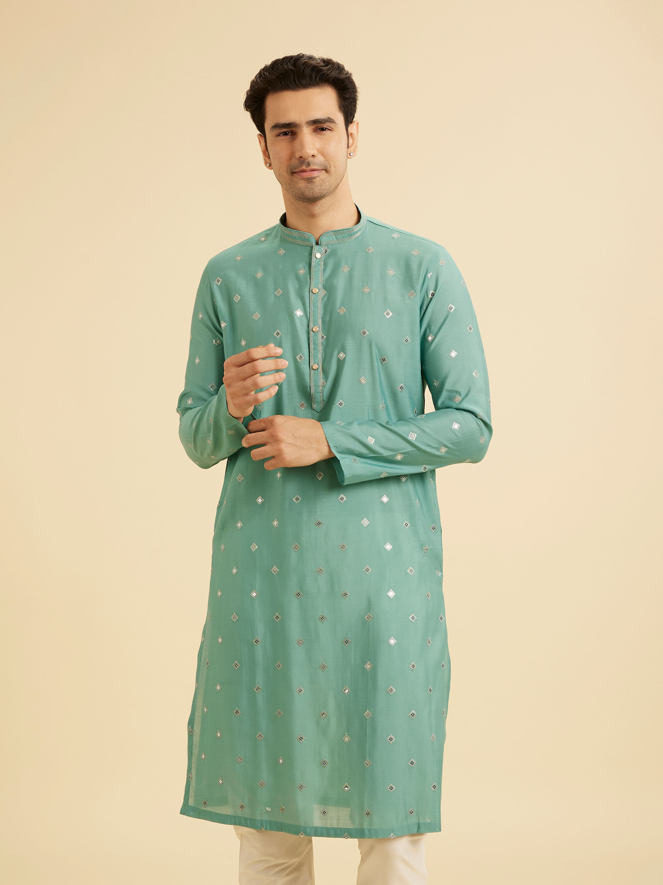 Manyavar Men Plush Aqua Green Kurta Pajama