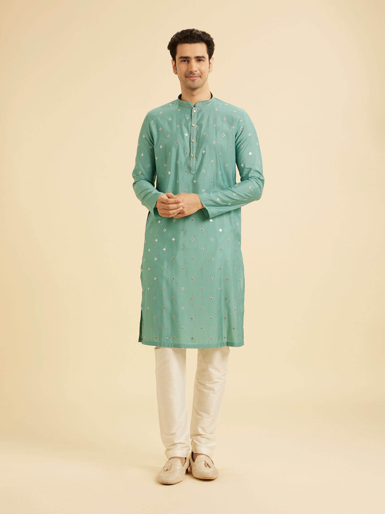 Manyavar Men Plush Aqua Green Kurta Pajama