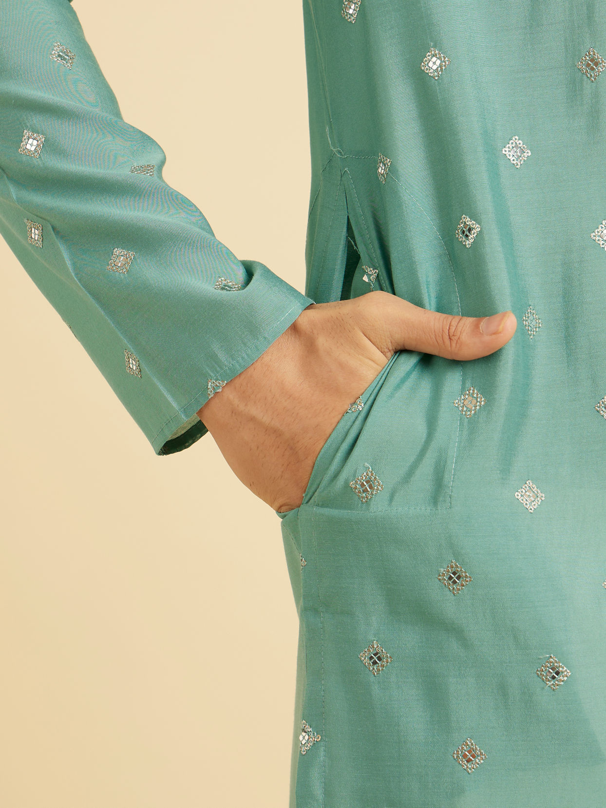 Manyavar Men Plush Aqua Green Kurta Pajama