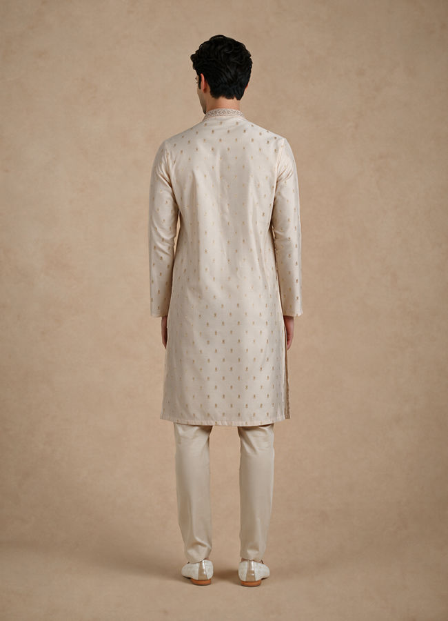 Manyavar Men Beige Blended Viscose Kurta Pajama with Self-Texture