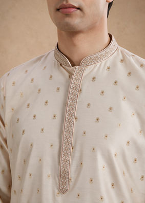 Manyavar Men Beige Blended Viscose Kurta Pajama with Self-Texture