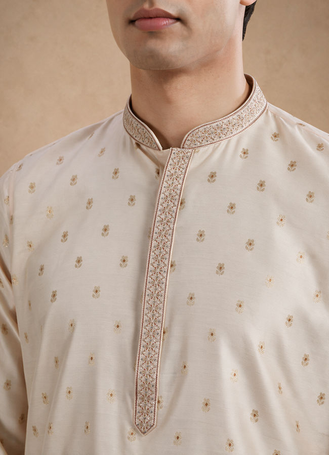Manyavar Men Beige Blended Viscose Kurta Pajama with Self-Texture
