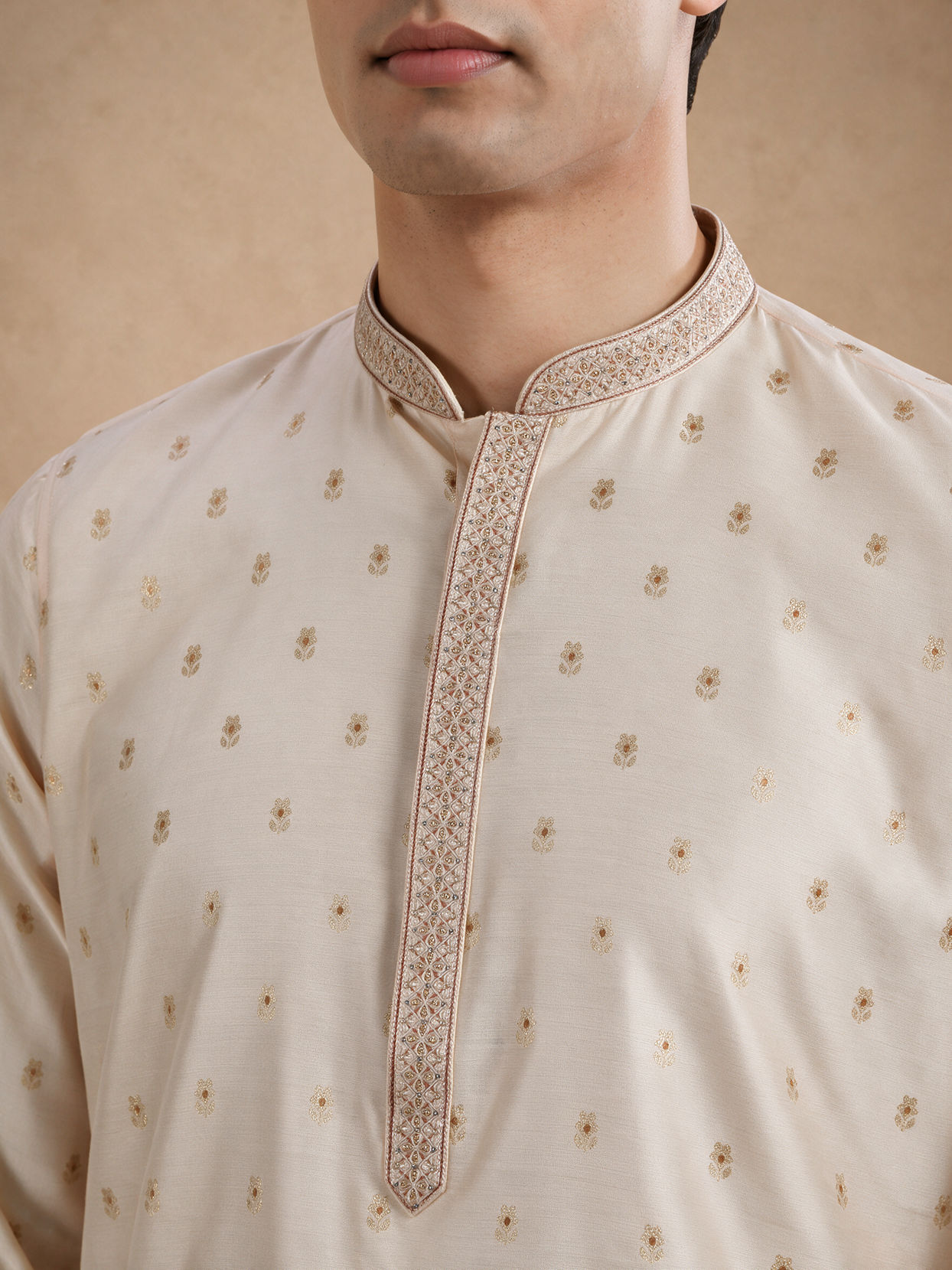 Manyavar Men Beige Blended Viscose Kurta Pajama with Self-Texture