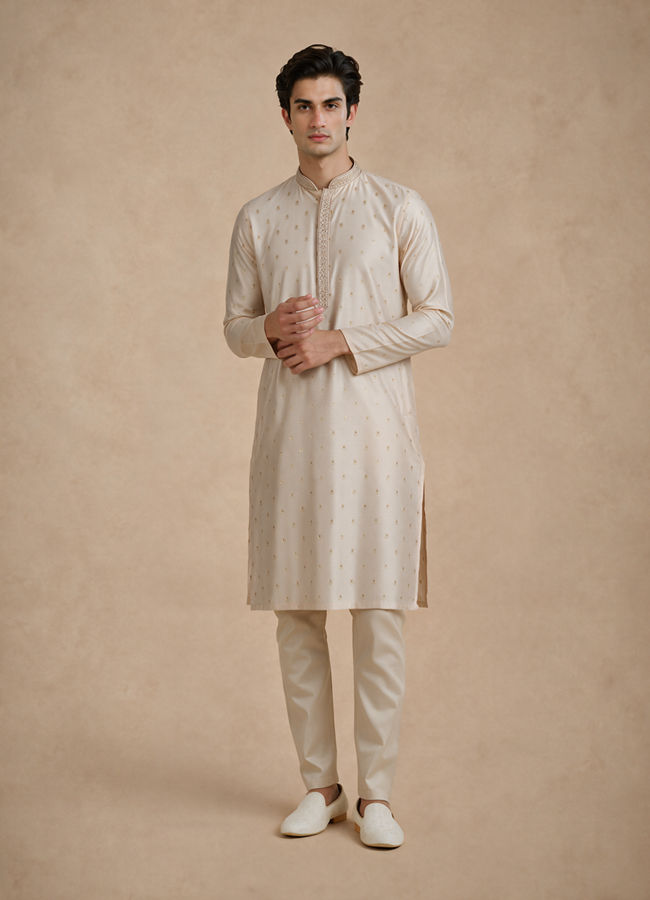Manyavar Men Beige Blended Viscose Kurta Pajama with Self-Texture