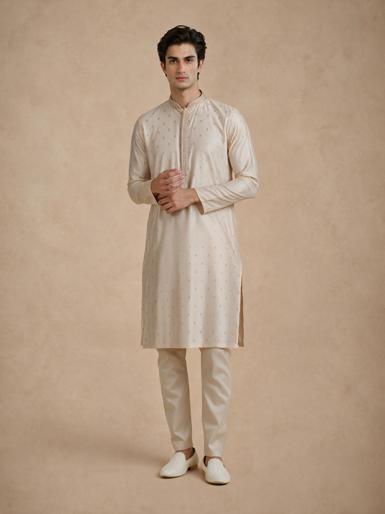 Manyavar Men Beige Blended Viscose Kurta Pajama with Self-Texture