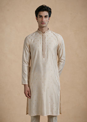 Manyavar Men Beige Blended Viscose Kurta Pajama with Self-Texture